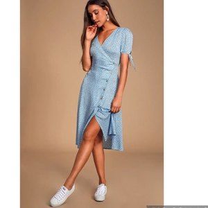 Lulu’s Paria Light Blue Leaf Print Button-Up Short Sleeve Midi Dress M